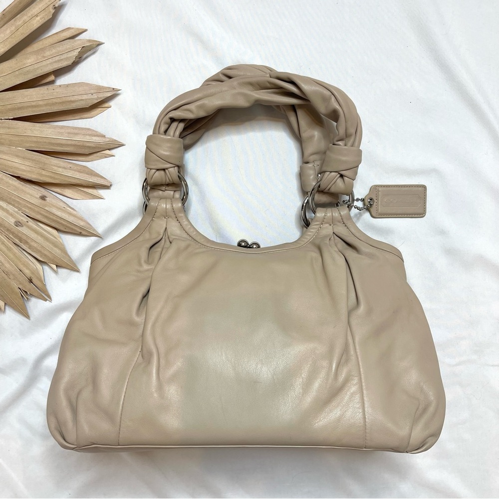 Vintage Coach Parker Cream Tan Beige Leather Kisslock Chunky Straps Hobo Purse - Picture 4 of 13